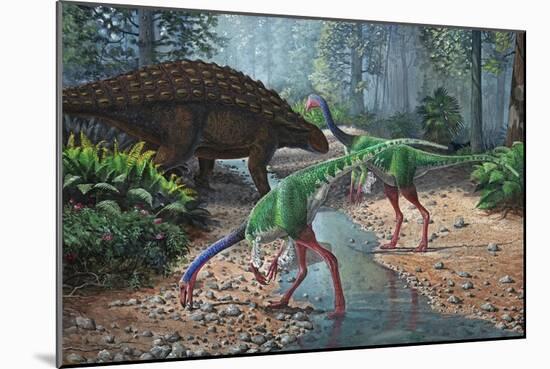 Ornithomimus Swallowing Stones Along a Stream as Part of their Diet-null-Mounted Art Print