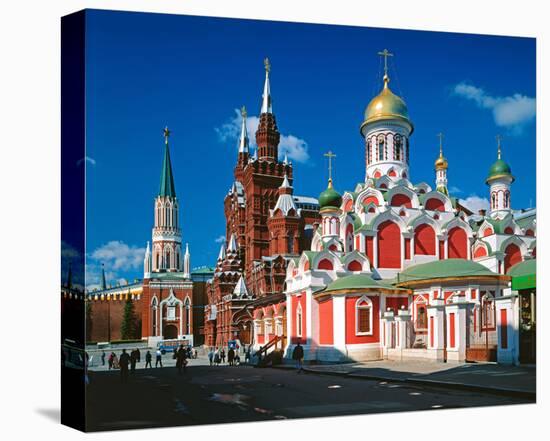 Orthodox Church with State Historical Museum and Kremlin Tower on Red Square, Moscow, Russia-null-Stretched Canvas