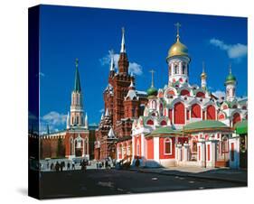 Orthodox Church with State Historical Museum and Kremlin Tower on Red Square, Moscow, Russia-null-Stretched Canvas