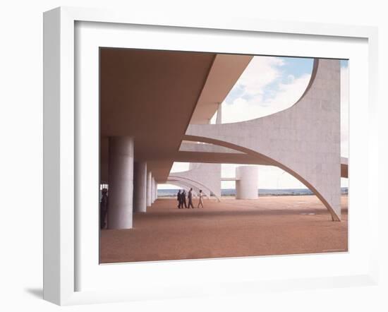 Oscar Niemeyer's Palacio Do Planalto Facade with Visitors Walking-Dmitri Kessel-Framed Photographic Print