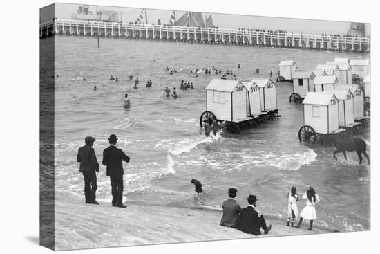 Ostend Seaside, Bathing Huts on Wheels, View from Top of Sea Wall, c.1900-Andrew Pitcairn-knowles-Stretched Canvas