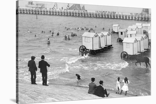 Ostend Seaside, Bathing Huts on Wheels, View from Top of Sea Wall, c.1900-Andrew Pitcairn-knowles-Stretched Canvas