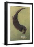 Otter and Fish-null-Framed Art Print