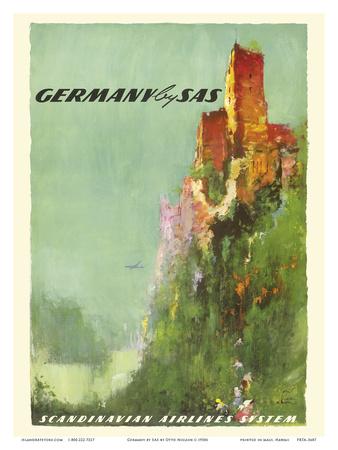 13in x 19in SAS Scandinavian Airlines System Vintage Airline Travel Poster by Otto Nielsen c.1950s Master Art Print Rhine River Valley Castle Germany 