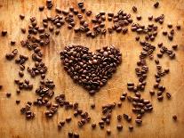 Heart Shape From Brown Coffee Beans, Close-Up On Old Vintage Wooden Background-ouh_desire-Laminated Art Print