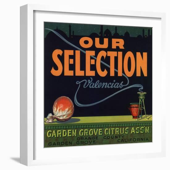 Our Selection Brand - Garden Grove, California - Citrus Crate Label-Lantern Press-Framed Art Print