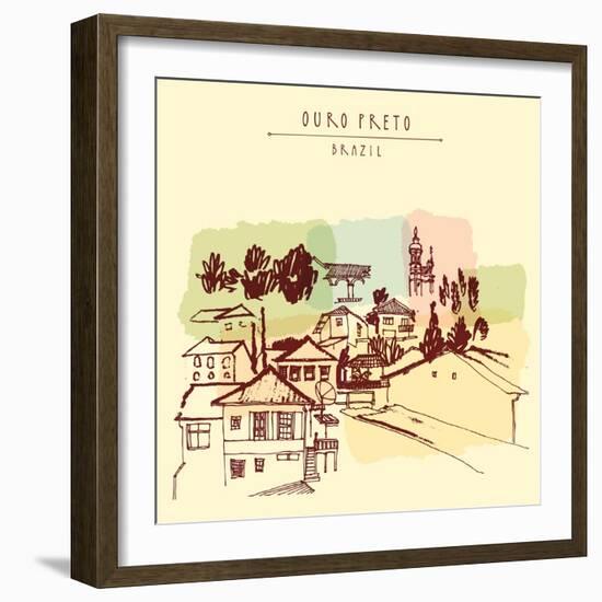 Ouro Preto, Minas Gerais, Brazil. Colorful Vintage Hand Drawn Postcard or Poster in Vector-babayuka-Framed Art Print