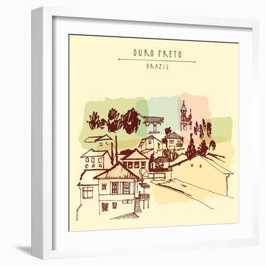 Ouro Preto, Minas Gerais, Brazil. Colorful Vintage Hand Drawn Postcard or Poster in Vector-babayuka-Framed Art Print