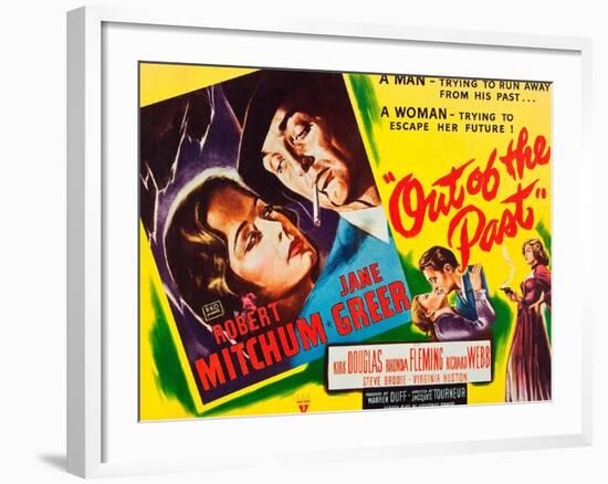 OUT OF THE PAST, top and bottom l-r: Jane Greer, Robert Mitchum on title card, 1947-null-Framed Art Print