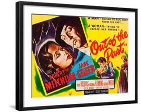 OUT OF THE PAST, top and bottom l-r: Jane Greer, Robert Mitchum on title card, 1947-null-Framed Art Print