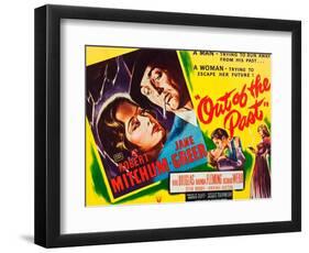 OUT OF THE PAST, top and bottom l-r: Jane Greer, Robert Mitchum on title card, 1947-null-Framed Art Print