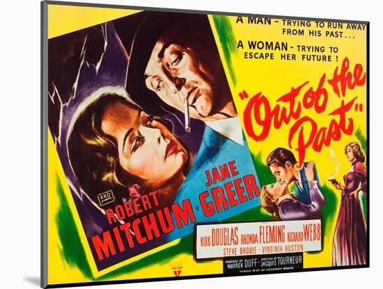 OUT OF THE PAST, top and bottom l-r: Jane Greer, Robert Mitchum on title card, 1947-null-Mounted Art Print