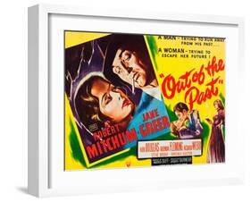 OUT OF THE PAST, top and bottom l-r: Jane Greer, Robert Mitchum on title card, 1947-null-Framed Art Print