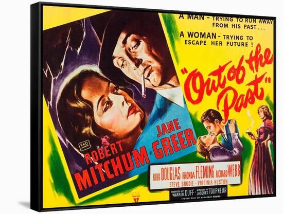 OUT OF THE PAST, top and bottom l-r: Jane Greer, Robert Mitchum on title card, 1947-null-Framed Stretched Canvas
