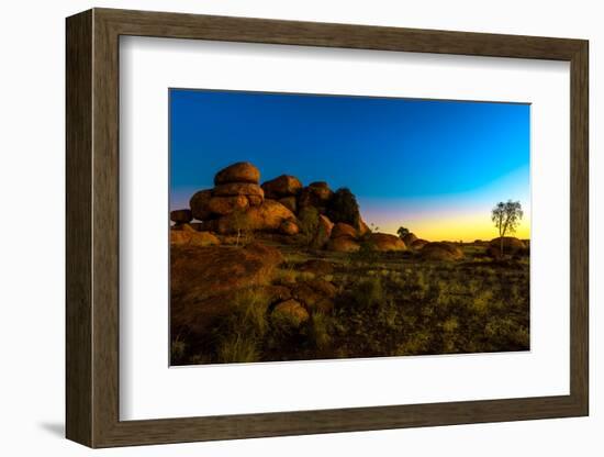 Outback landscape of Devils Marbles rock formations, Karlu Karlu Conservation Reserve-Alberto Mazza-Framed Photographic Print