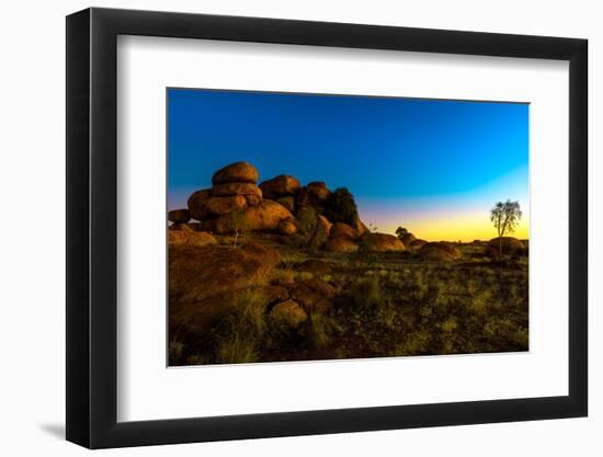 Outback landscape of Devils Marbles rock formations, Karlu Karlu Conservation Reserve-Alberto Mazza-Framed Photographic Print