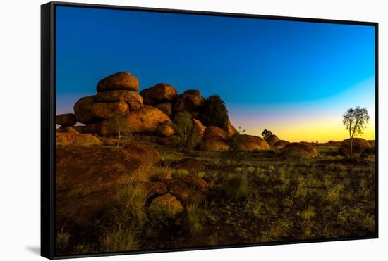 Outback landscape of Devils Marbles rock formations, Karlu Karlu Conservation Reserve-Alberto Mazza-Framed Stretched Canvas