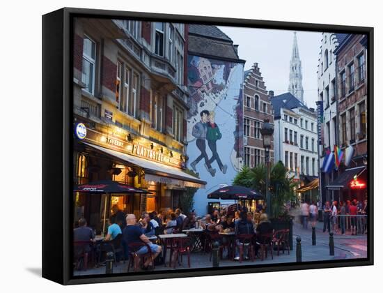 Outdoor Cafes and Brousaille Wall Mural of a Couple Walking Arm in Arm, Brussels, Belgium, Europe-Christian Kober-Framed Stretched Canvas