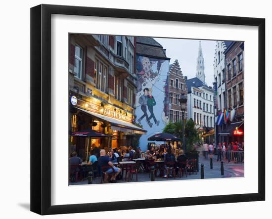 Outdoor Cafes and Brousaille Wall Mural of a Couple Walking Arm in Arm, Brussels, Belgium, Europe-Christian Kober-Framed Photographic Print