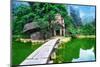 Outdoor Park Landscape with Lake and Stone Bridge. Gate Entrance to Ancient Bich Dong Pagoda Comple-Perfect Lazybones-Mounted Photographic Print