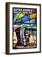 Outer Banks, North Carolina - Beach Chair - Scratchboard-Lantern Press-Framed Art Print