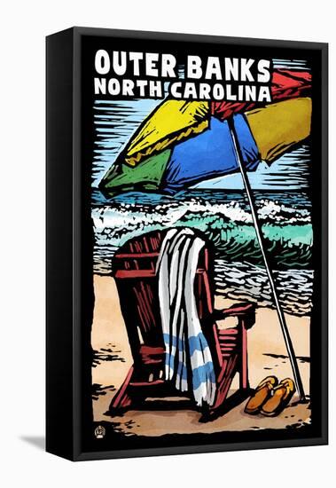 Outer Banks, North Carolina - Beach Chair - Scratchboard-Lantern Press-Framed Stretched Canvas