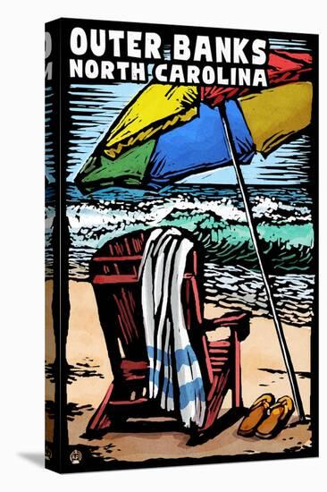 Outer Banks, North Carolina - Beach Chair - Scratchboard-Lantern Press-Stretched Canvas