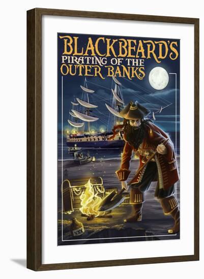 Outer Banks, North Carolina - Blackbeard Pirate and Queen Anne's Revenge-Lantern Press-Framed Art Print