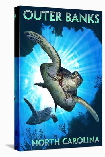 Outer Banks, North Carolina - Sea Turtles Diving-Lantern Press-Stretched Canvas