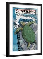 Outer Banks, North Carolina - Sea Turtles Woodblock Print-Lantern Press-Framed Art Print