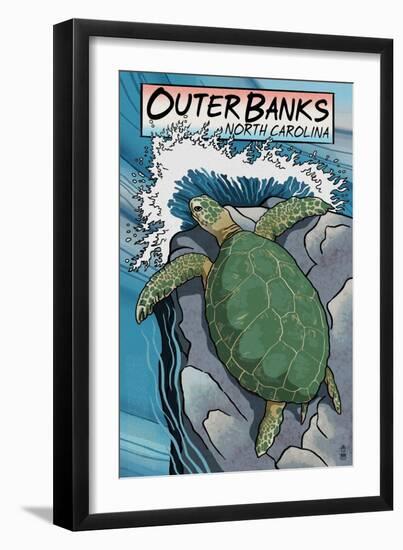 Outer Banks, North Carolina - Sea Turtles Woodblock Print-Lantern Press-Framed Art Print