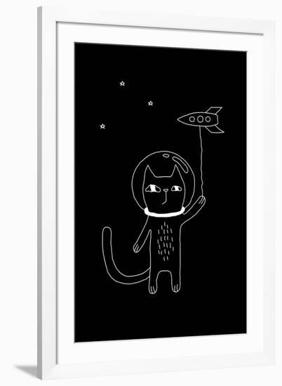 Outline Cartoon Cat Illustration with Space Cat and a Rocket. Cute Vector Black and White Cat Illus-Ekaterina Zimodro-Framed Art Print