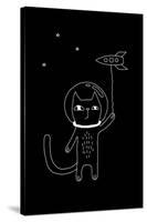 Outline Cartoon Cat Illustration with Space Cat and a Rocket. Cute Vector Black and White Cat Illus-Ekaterina Zimodro-Stretched Canvas