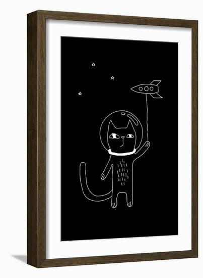 Outline Cartoon Cat Illustration with Space Cat and a Rocket. Cute Vector Black and White Cat Illus-Ekaterina Zimodro-Framed Art Print