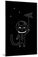 Outline Cartoon Cat Illustration with Space Cat and a Rocket. Cute Vector Black and White Cat Illus-Ekaterina Zimodro-Mounted Art Print