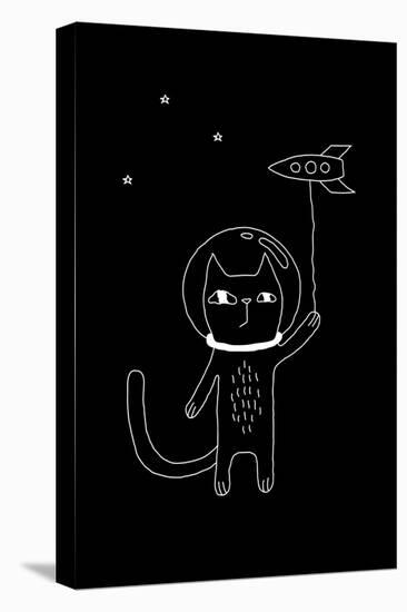 Outline Cartoon Cat Illustration with Space Cat and a Rocket. Cute Vector Black and White Cat Illus-Ekaterina Zimodro-Stretched Canvas