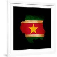 Outline Map Of Suriname With Grunge Flag Insert Isolated On Black-Veneratio-Framed Art Print