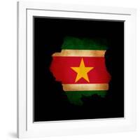 Outline Map Of Suriname With Grunge Flag Insert Isolated On Black-Veneratio-Framed Art Print