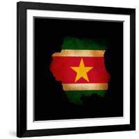 Outline Map Of Suriname With Grunge Flag Insert Isolated On Black-Veneratio-Framed Art Print