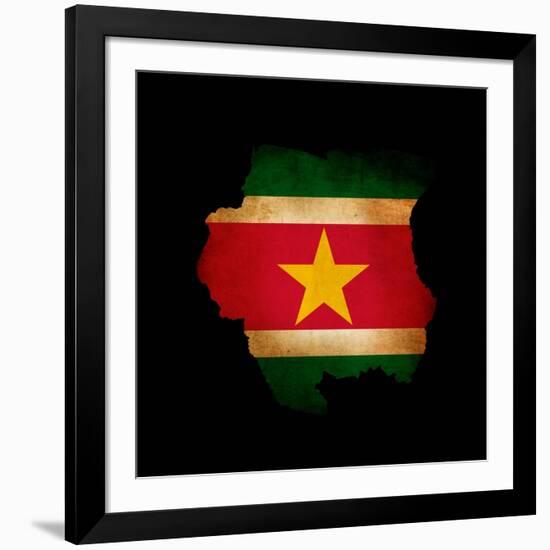 Outline Map Of Suriname With Grunge Flag Insert Isolated On Black-Veneratio-Framed Art Print