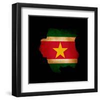 Outline Map Of Suriname With Grunge Flag Insert Isolated On Black-Veneratio-Framed Art Print