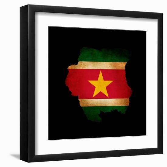 Outline Map Of Suriname With Grunge Flag Insert Isolated On Black-Veneratio-Framed Art Print