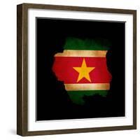 Outline Map Of Suriname With Grunge Flag Insert Isolated On Black-Veneratio-Framed Art Print