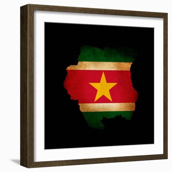 Outline Map Of Suriname With Grunge Flag Insert Isolated On Black-Veneratio-Framed Art Print