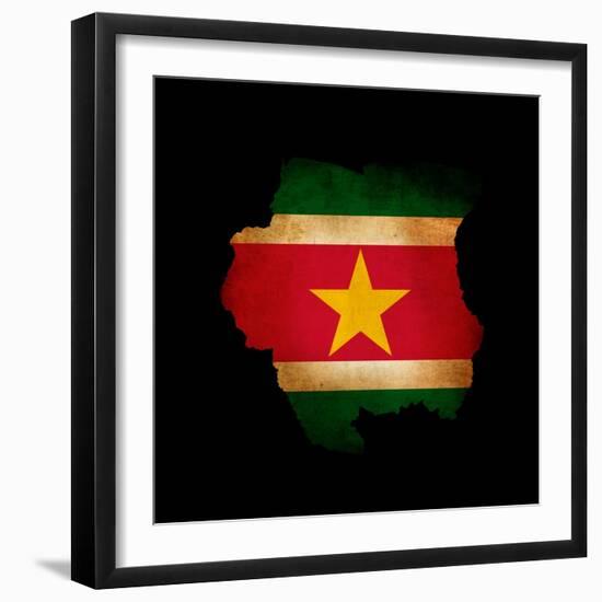 Outline Map Of Suriname With Grunge Flag Insert Isolated On Black-Veneratio-Framed Art Print