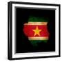 Outline Map Of Suriname With Grunge Flag Insert Isolated On Black-Veneratio-Framed Art Print