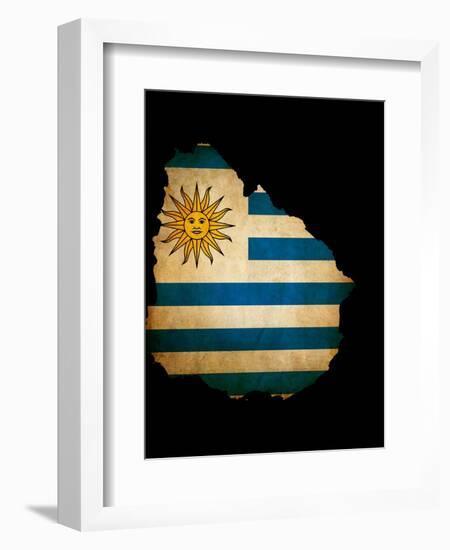 Outline Map Of Uruguay With Grunge Flag Insert Isolated On Black-Veneratio-Framed Art Print