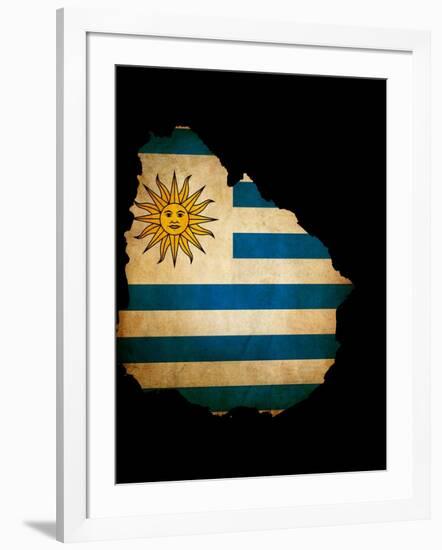 Outline Map Of Uruguay With Grunge Flag Insert Isolated On Black-Veneratio-Framed Art Print