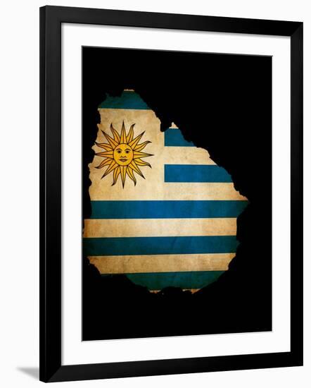 Outline Map Of Uruguay With Grunge Flag Insert Isolated On Black-Veneratio-Framed Art Print