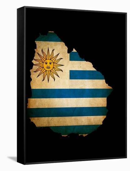 Outline Map Of Uruguay With Grunge Flag Insert Isolated On Black-Veneratio-Framed Stretched Canvas